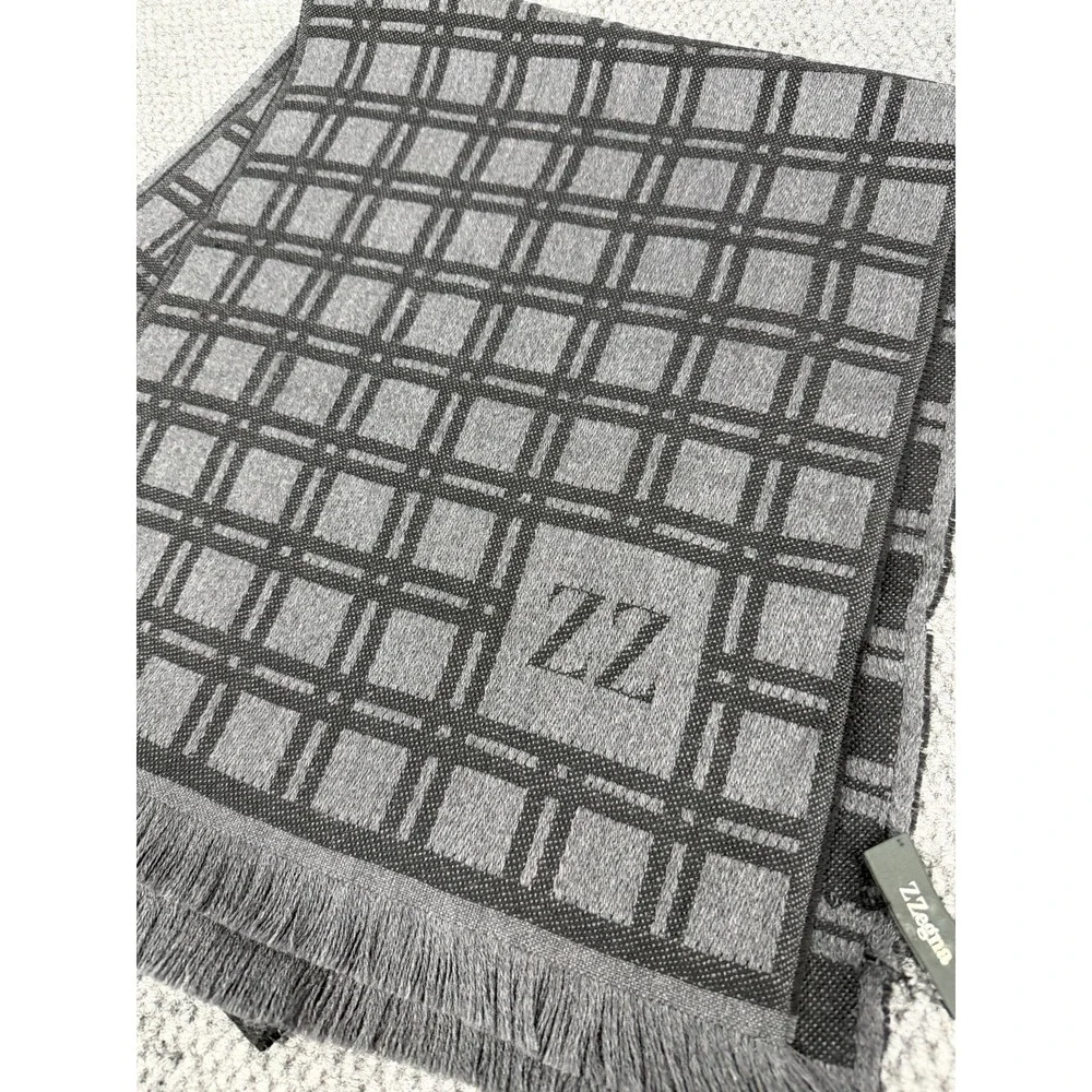 Z Zegna 100% Wool Scarf Wrap Men's Gray Black Plaid Fringe Edge Italy